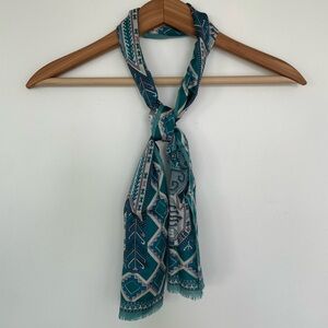 Halston III Vintage Silk Scarf Teal and White Geometric Silver Shimmer Boho